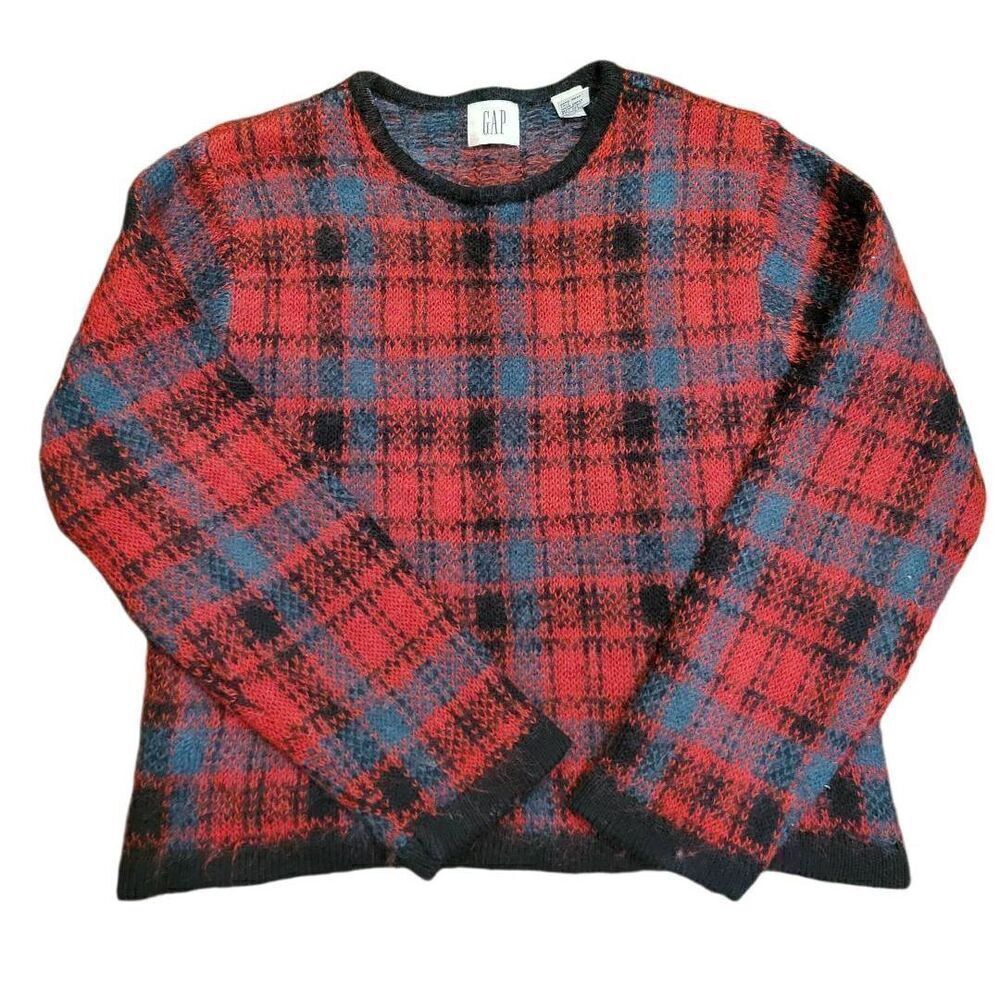 Vintage 1990s GAP Sweater Women's Medium Red Green Plaid Mohair Wool